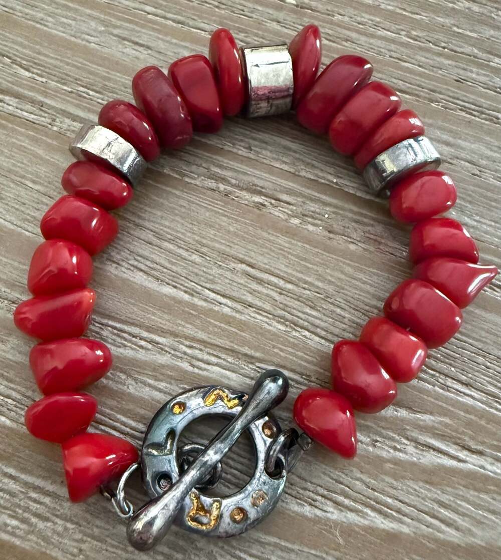 Morton Sterling Silver Red Coral Beaded Toggle Bracelet